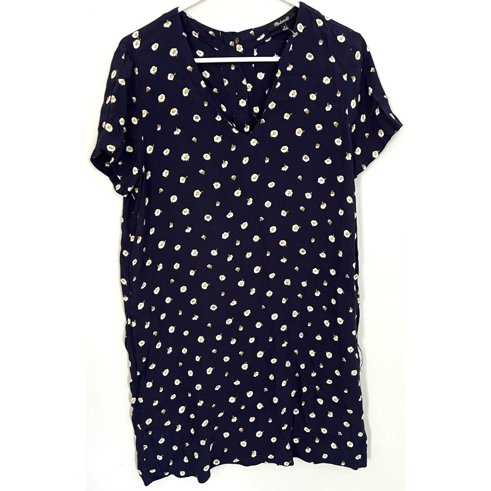Madewell Dress Womens Medium Blue Button Back Short Sleeve V-Neck Floral Daisy